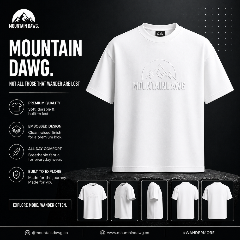 Mountain Dawg Iconic Embossed Tee in Classic White — front view | Mountain Dawg