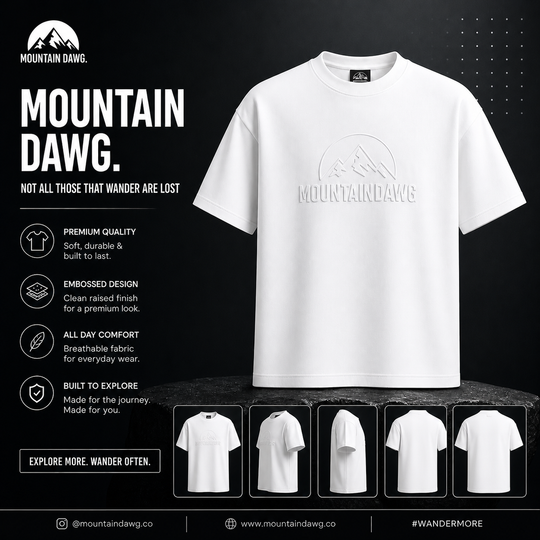 Mountain Dawg Iconic Embossed Tee in Classic White — front view | Mountain Dawg
