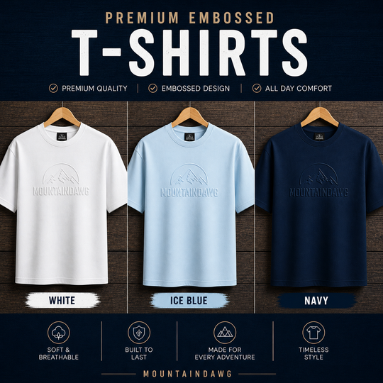 Mountain Dawg Iconic Embossed Tee in Classic White — chest emboss detail | Mountain Dawg
