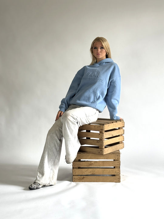 Heavyweight Oversized Hoodie – Ice Blue | Bold Embossed Print | Mountain Dawg