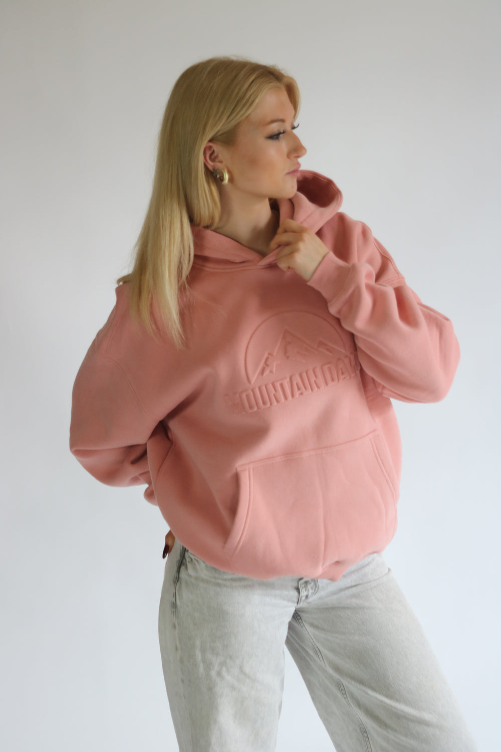 Heavyweight Oversized Hoodie – Dusty Pink | Bold Embossed Print | Mountain Dawg