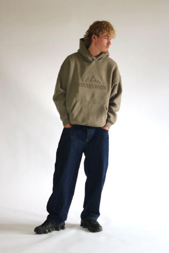 Heavyweight Oversized Hoodie – Vintage Olive | Bold Embossed Print | Mountain Dawg