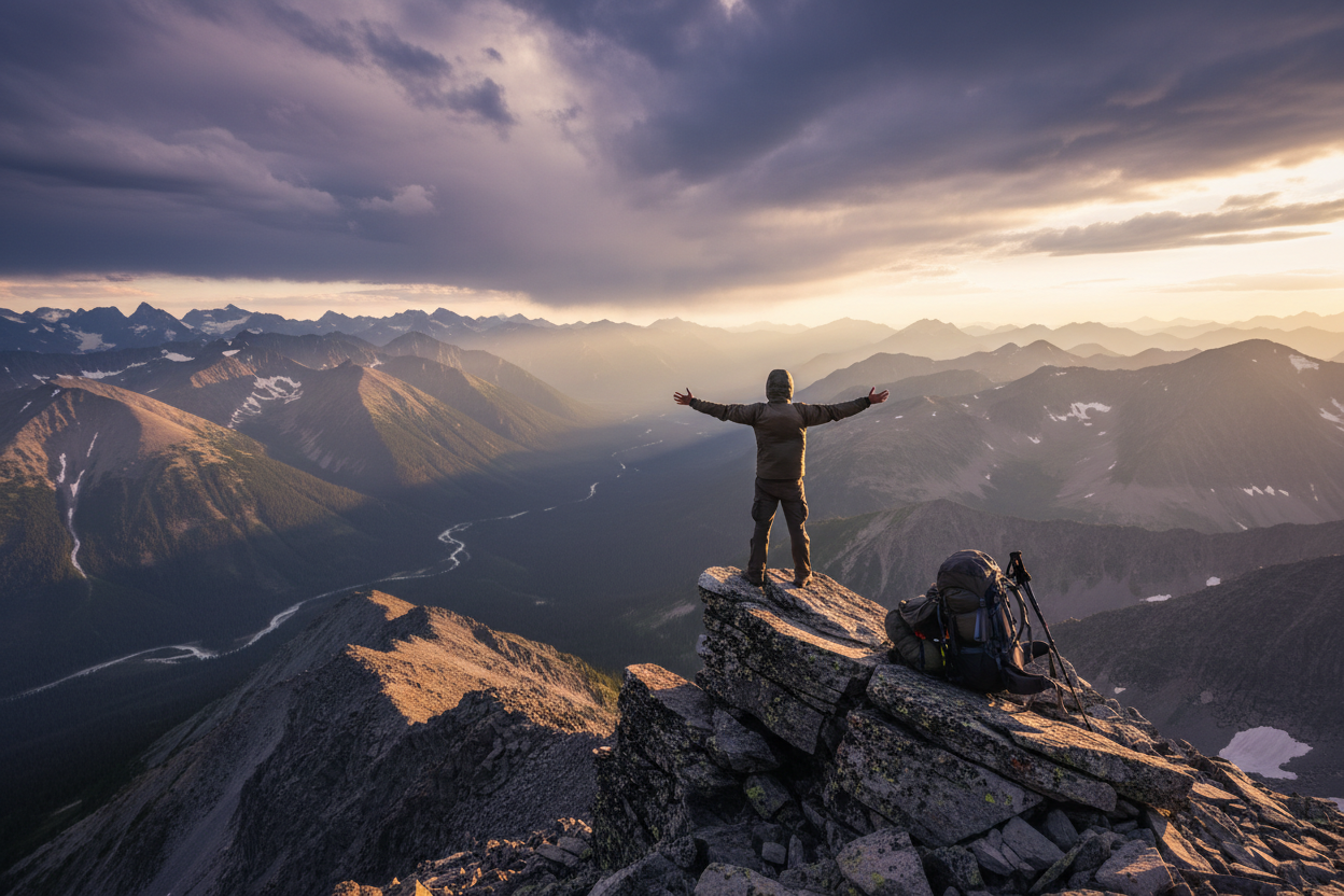 Adventurer on rocky mountain ridge