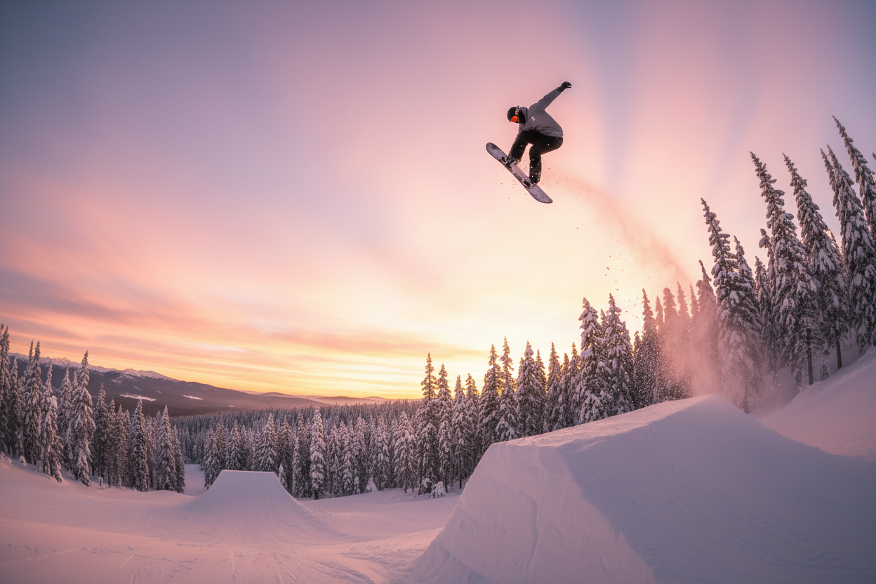Person snowboarding in mid-air against a colorful sunset sky with snow-covered trees.